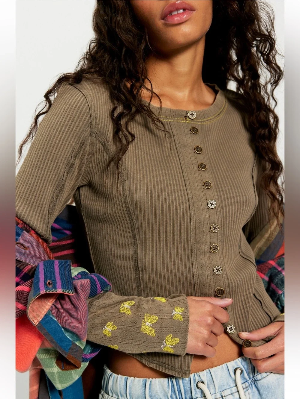 Ribbed Button-Front Long Sleeve Top - Brown